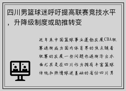 四川男篮球迷呼吁提高联赛竞技水平，升降级制度或助推转变